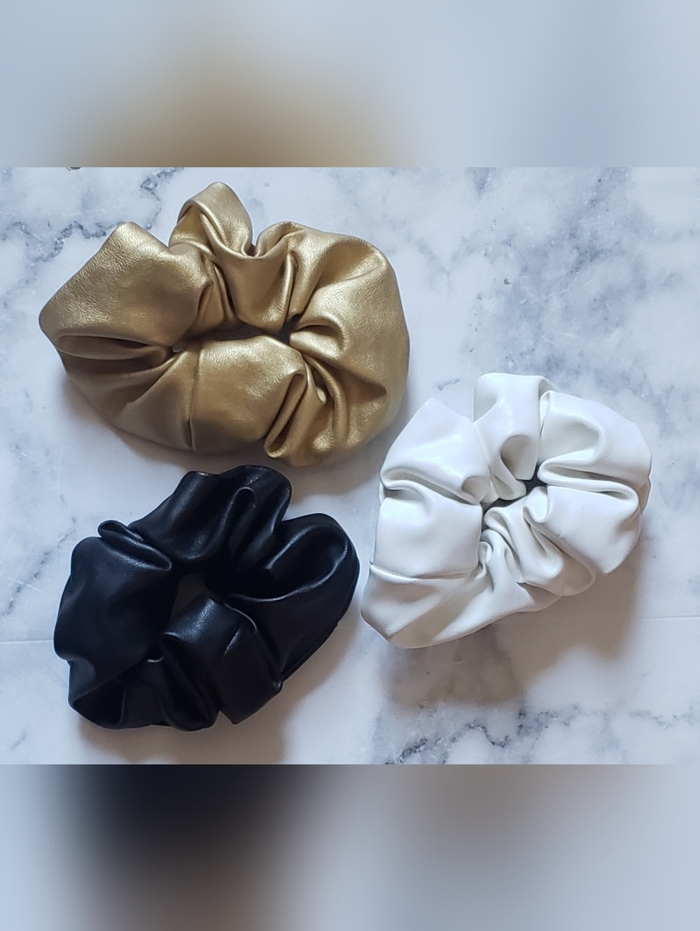 NEW Vegan Oversized Hair Leather Scrunchies Set 3 Gold Black White Statement